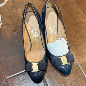 Salvatore Ferragamo Carla 70 Navy Pumps with Gold Accent